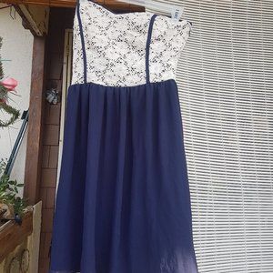 Navy and White Lace Prevett Strapless Dress L